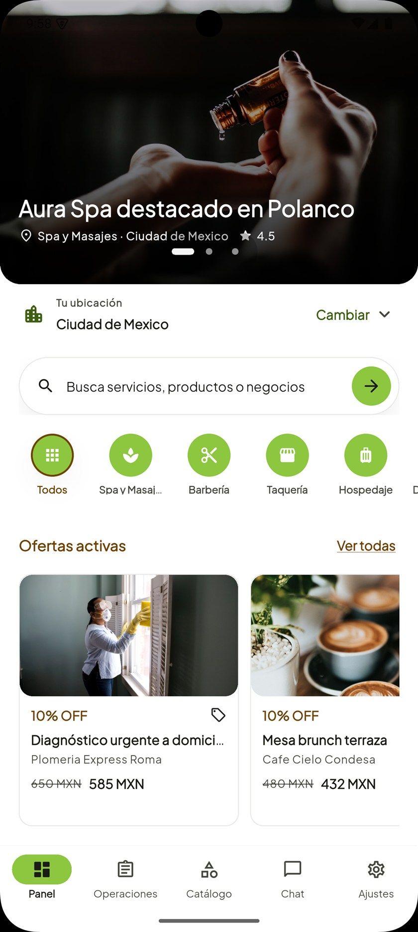 Pantalla de inicio de la app Conecta: un negocio destacado, la ubicación de la persona, el buscador, las categorías y las ofertas activas del día